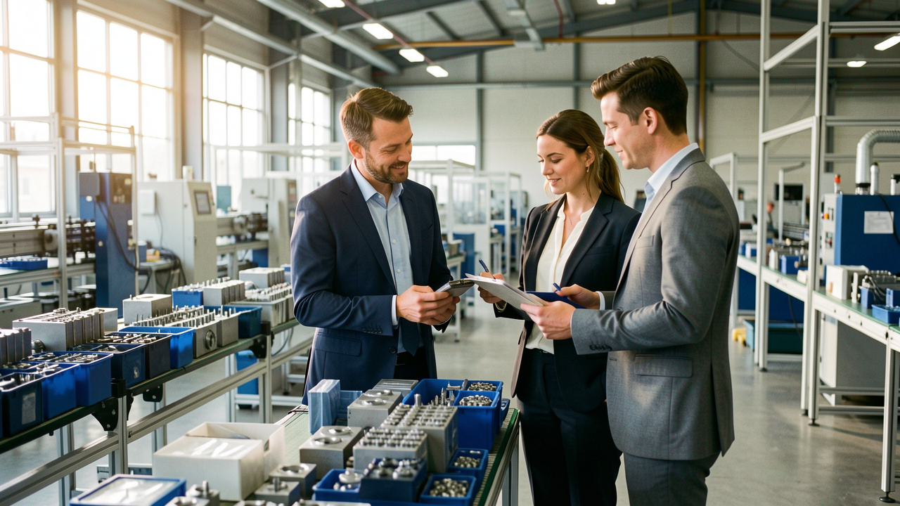 Un homme et une femme échangent avec un ingénieur dans une usine industrielle moderne autour de composants soigneusement organisés.