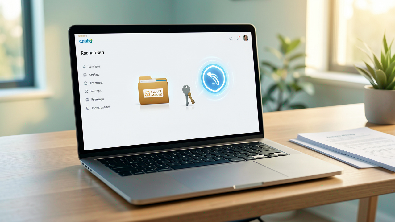 Ordinateur portable affichant une interface financière vierge accompagnée d’un dossier d’épargne retraite et d’une clé dans un bureau lumineux.
