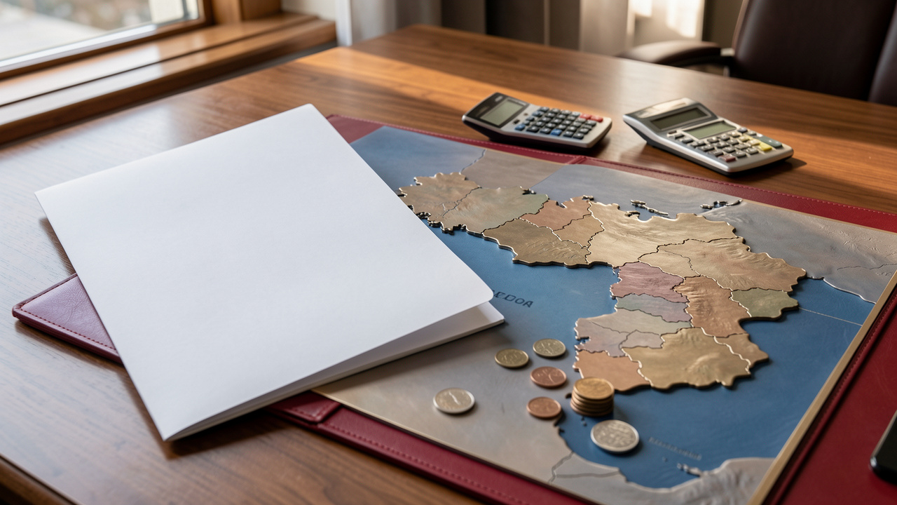Espace de travail professionnel avec calculatrice, dossier de paie vierge, pièces de monnaie et carte en relief de la Suisse représentant la préparation d’un budget salarial par canton.