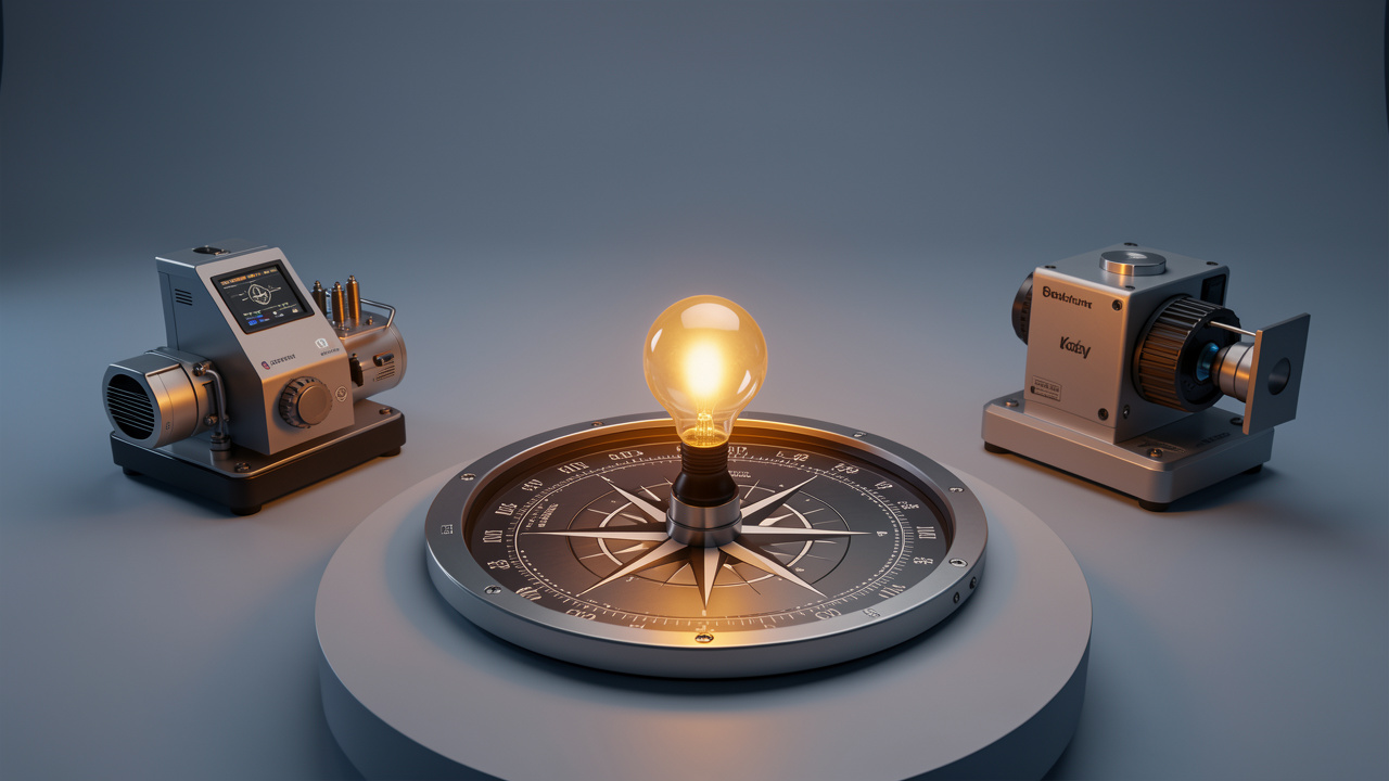 Composition réaliste représentant une stratégie marketing clarifiée, avec plusieurs prototypes autour d’un objet central mis en lumière et une boussole symbolisant le positionnement.