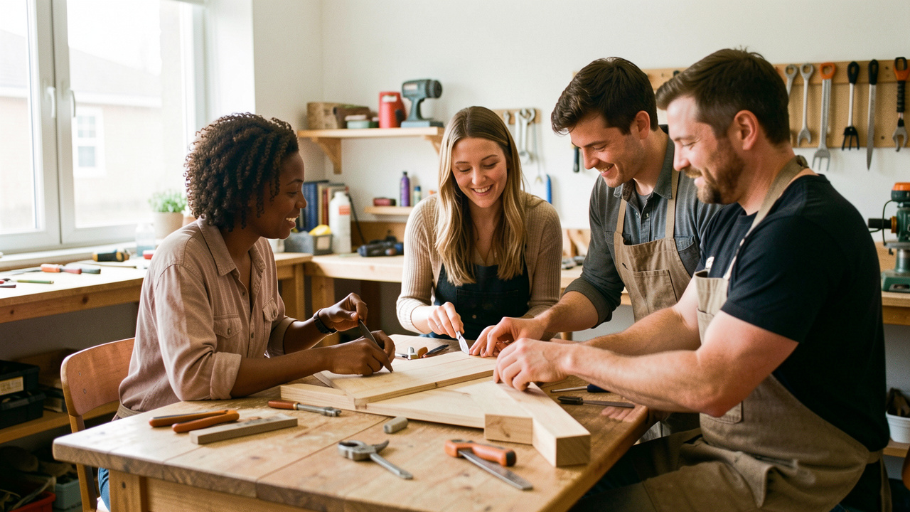 Une équipe diverse de trois femmes et deux hommes collabore naturellement autour d’une table dans un atelier de petite entreprise, dans une ambiance chaleureuse et authentique.