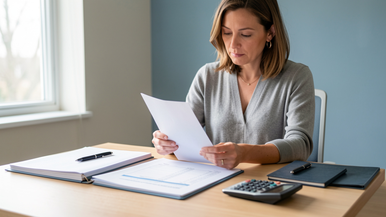 Une femme examine un document administratif vierge posé sur un bureau, avec un dossier, un stylo et une calculatrice.