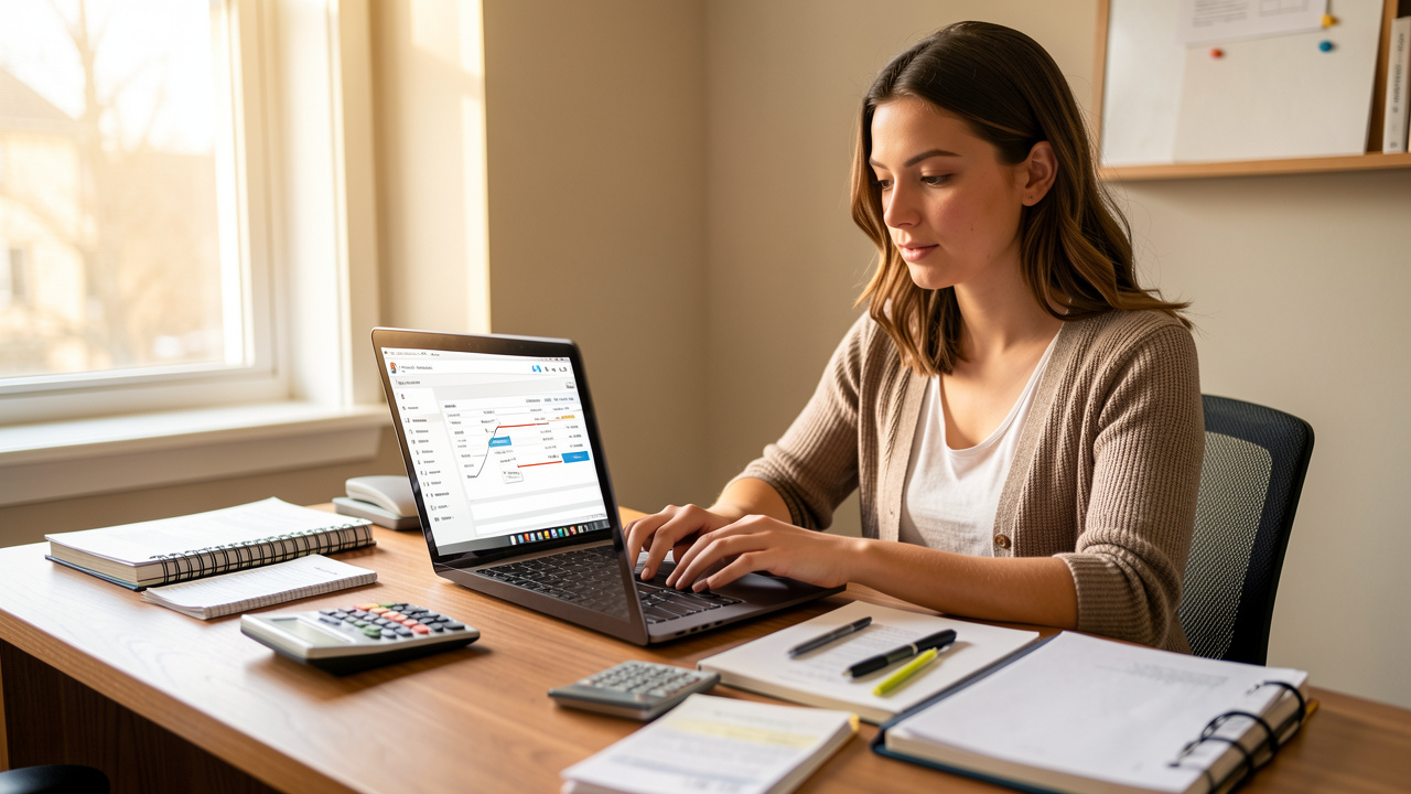 Une jeune entrepreneuse examine un processus de facturation numérique sur son ordinateur portable, dans un espace de travail organisé.