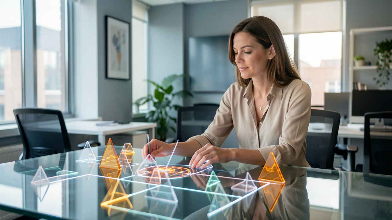Une femme organise des formes géométriques lumineuses sur un bureau vitré pour représenter la mesure et la visibilité de sa valeur professionnelle en entreprise.