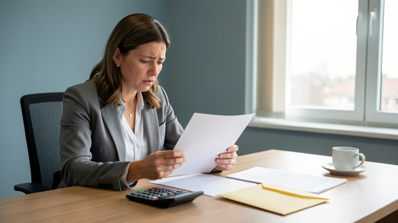 Une femme examine des documents vierges et une enveloppe près d’une calculatrice dans un bureau, évoquant une démarche de recours administratif.