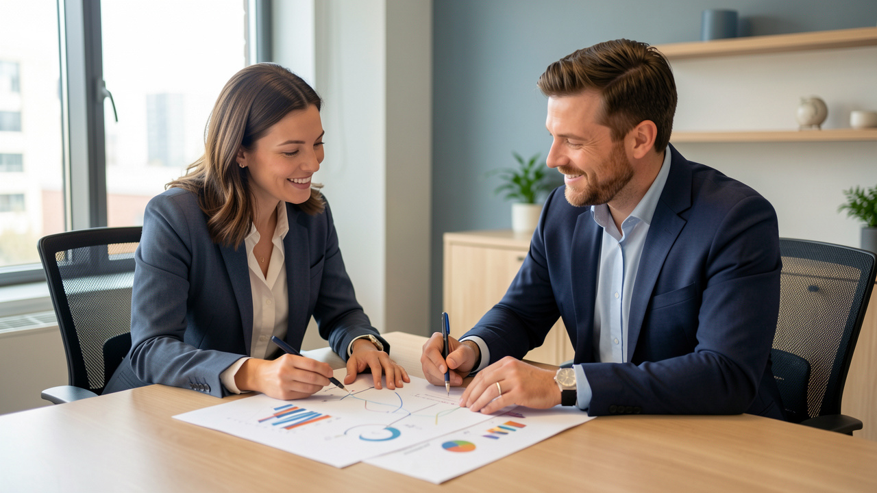Une consultante et un client collaborent autour de schémas abstraits dans un bureau moderne, illustrant la transformation de l’expertise en confiance.