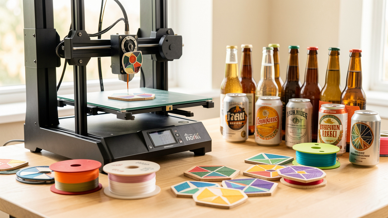Atelier lumineux avec une imprimante 3D fabriquant des sous-bocks personnalisés, tandis que des canettes et bouteilles de bière artisanale sont disposées en arrière-plan.