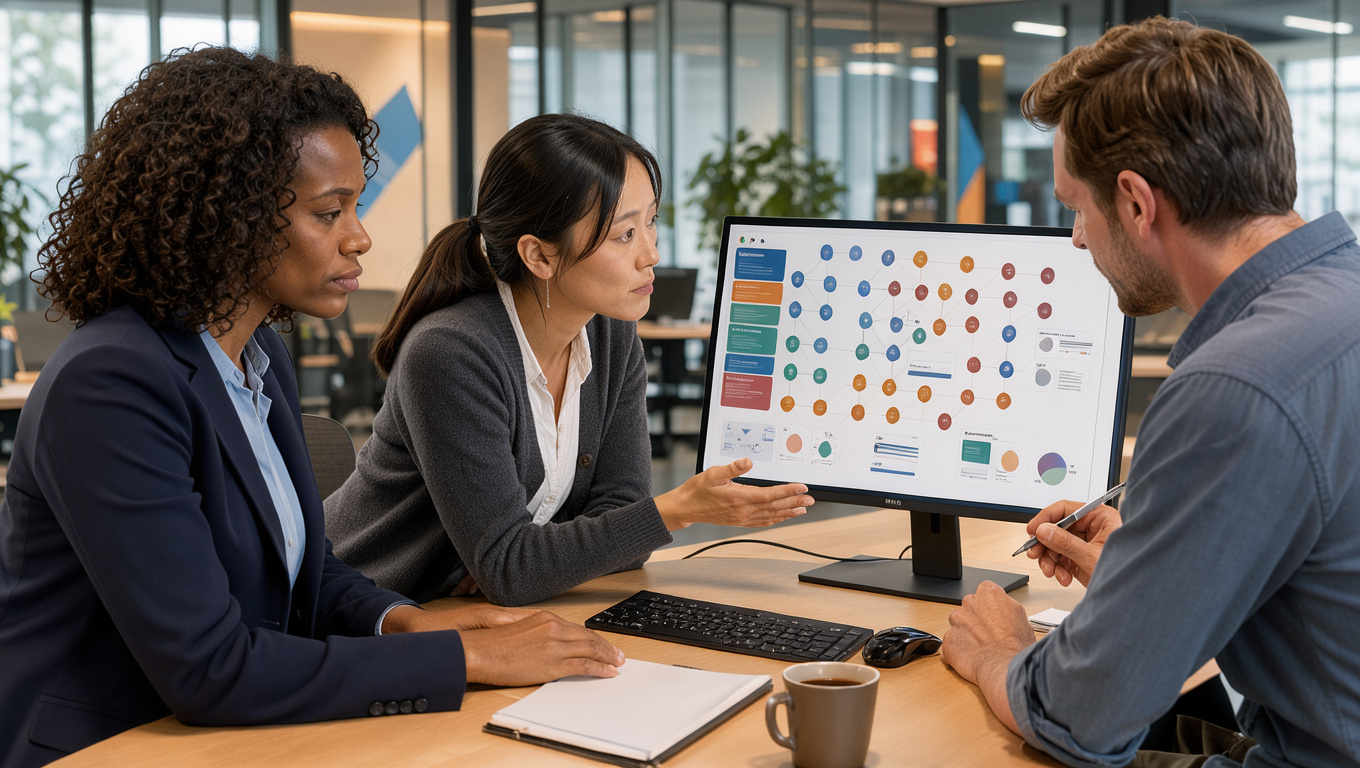 Deux femmes et un homme d’une équipe commerciale B2B analysent ensemble un parcours client sur un ordinateur dans un bureau moderne.