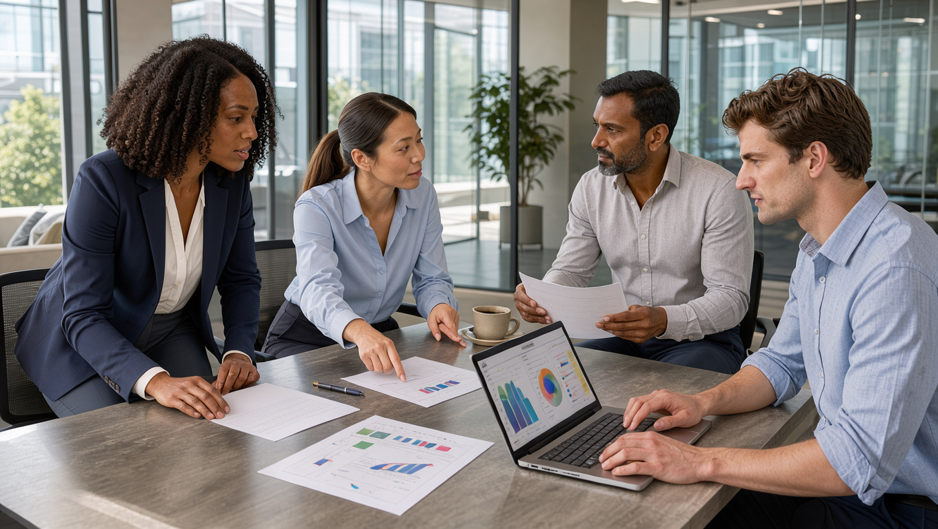 Équipe commerciale B2B composée de deux femmes et deux hommes réunie autour de documents imprimés vierges et d’un ordinateur dans un bureau moderne et lumineux.