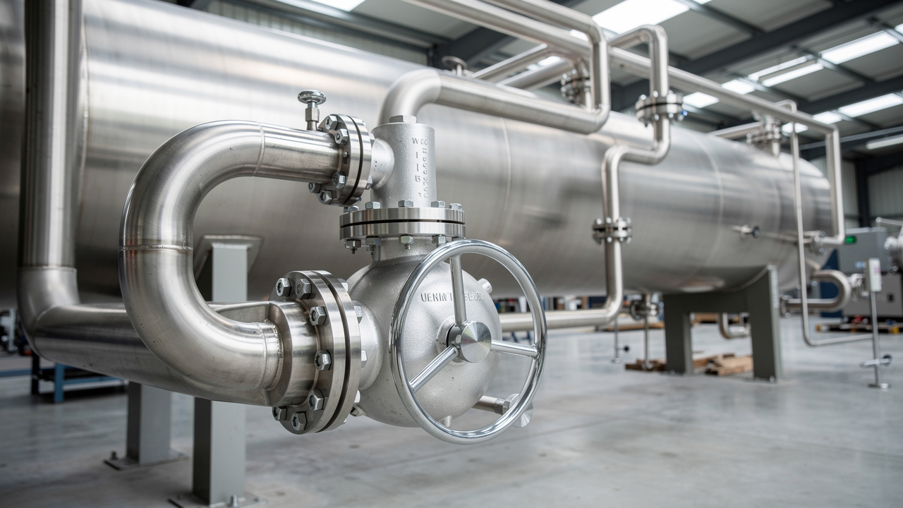 Vue réaliste d’une cuve industrielle sous pression avec tuyauteries métalliques et soupape de sécurité au premier plan dans un atelier propre et organisé.
