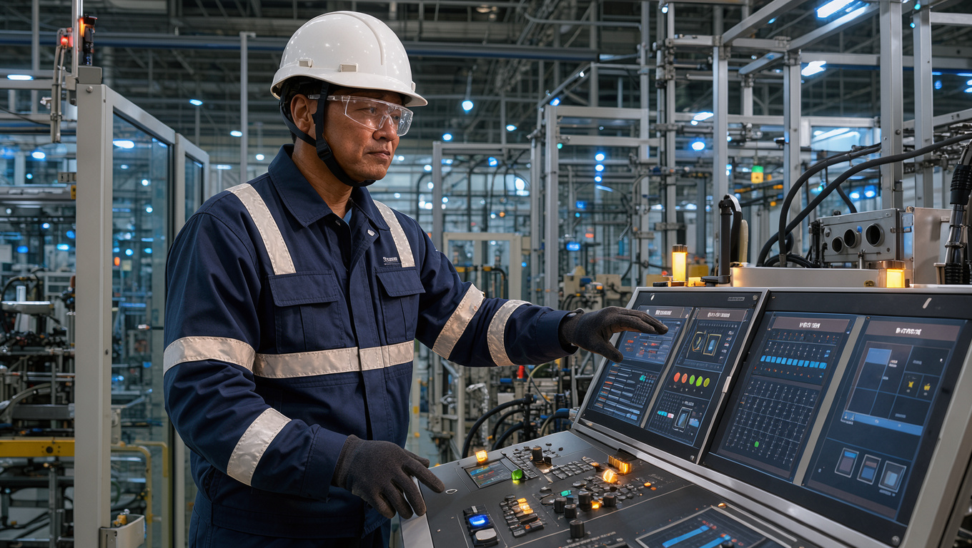 Un responsable industriel portant un casque et des équipements de protection analyse un tableau de bord de sécurité dans une usine moderne.