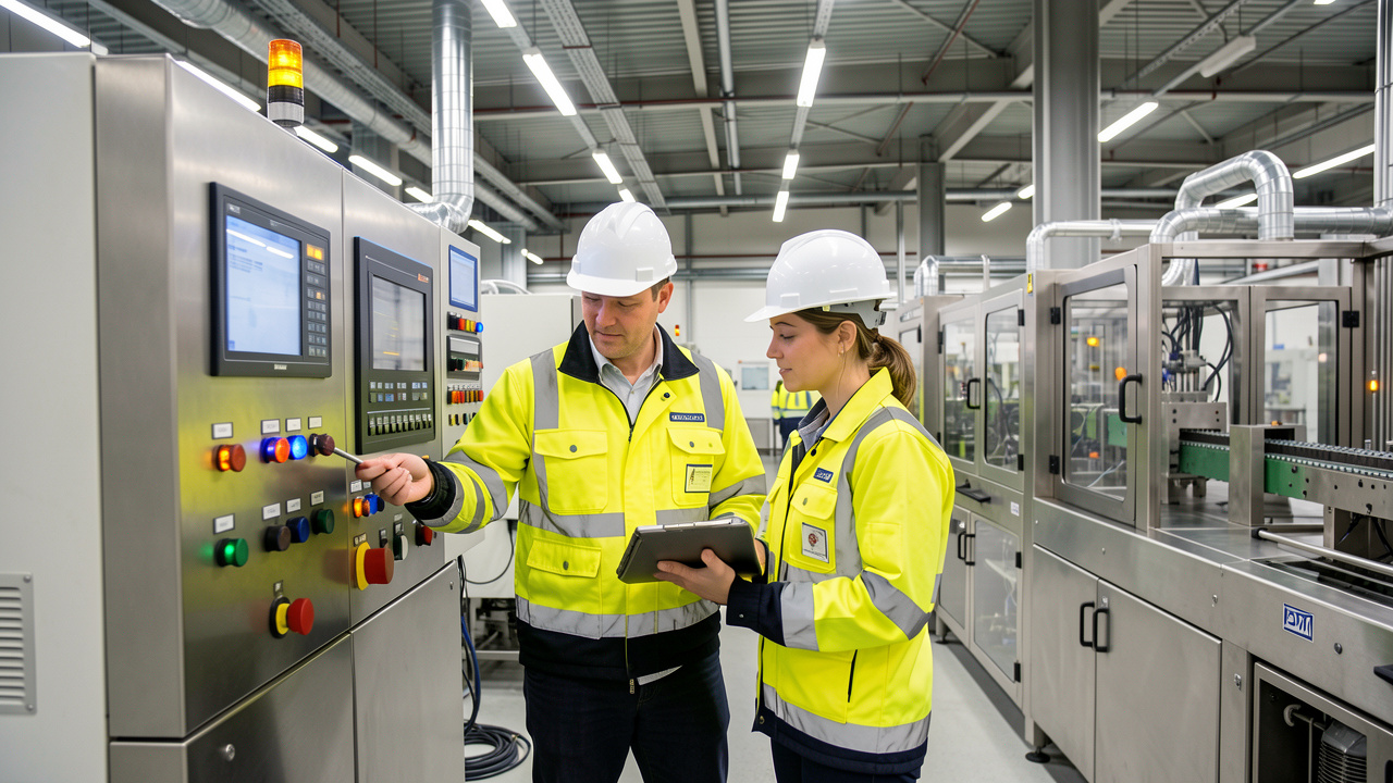 Un homme et une femme casqués analysent ensemble des tableaux de contrôle et des équipements dans un site industriel moderne.